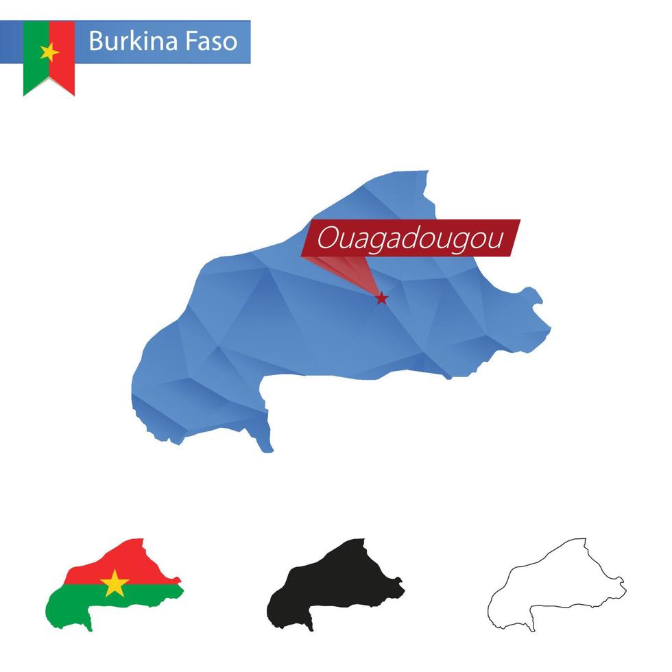 Burkina faso blauw laag poly kaart met hoofdstad ouagadougou. vector