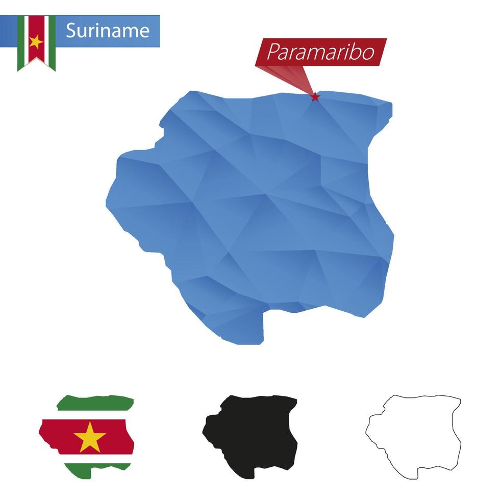 Suriname blauw laag poly kaart met hoofdstad paramaribo. vector