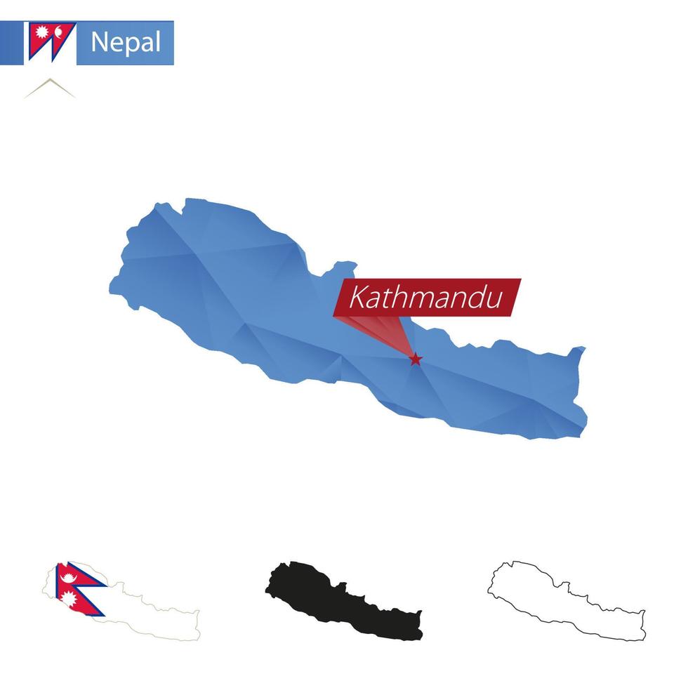 Nepal blauw laag poly kaart met hoofdstad kathmandu. vector