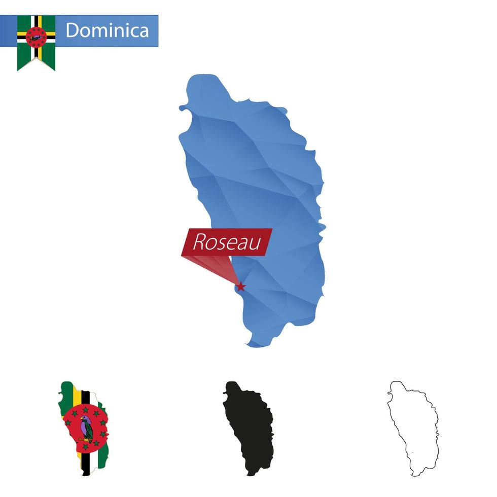 dominica blauw laag poly kaart met hoofdstad roos. vector