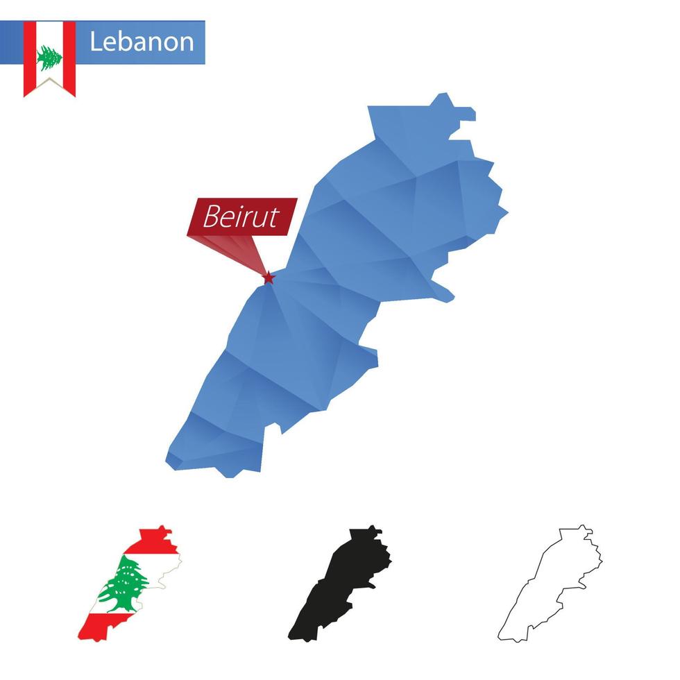 Libanon blauw laag poly kaart met hoofdstad Beiroet. vector