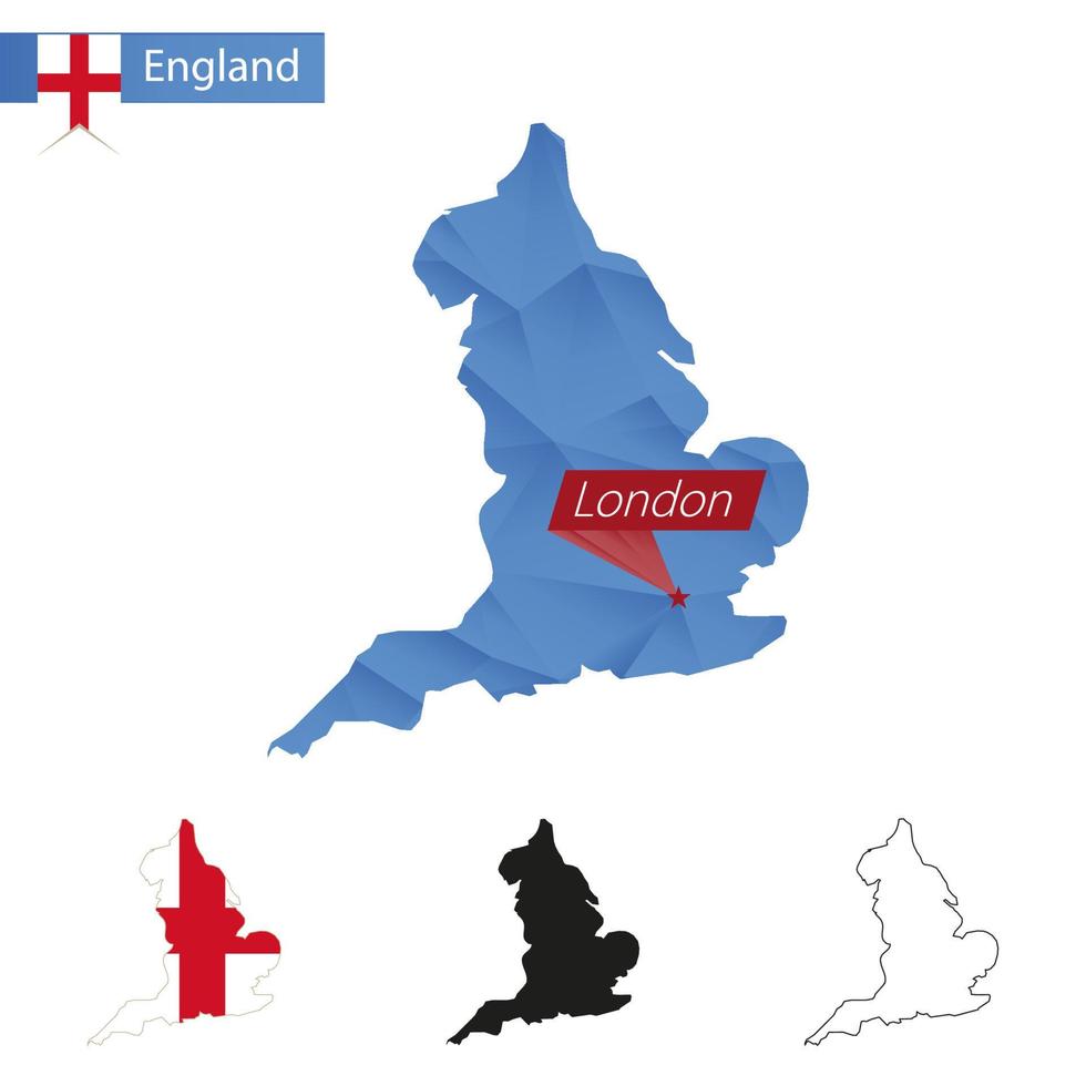 Engeland blauw laag poly kaart met hoofdstad Londen. vector