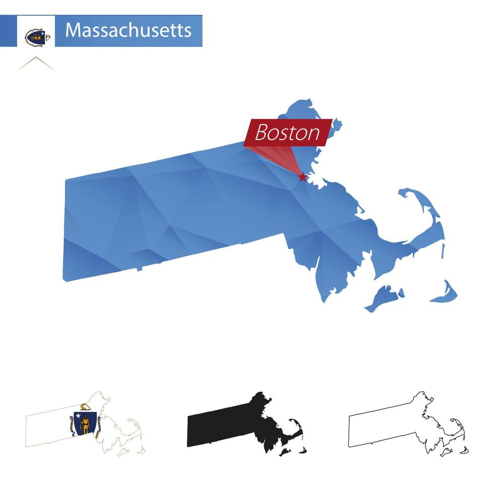 staat van Massachusetts blauw laag poly kaart met hoofdstad Boston. vector