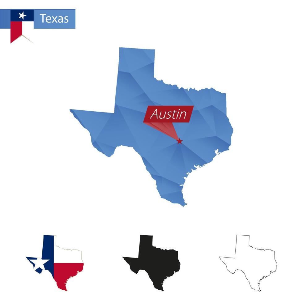 staat van Texas blauw laag poly kaart met hoofdstad Austin. vector