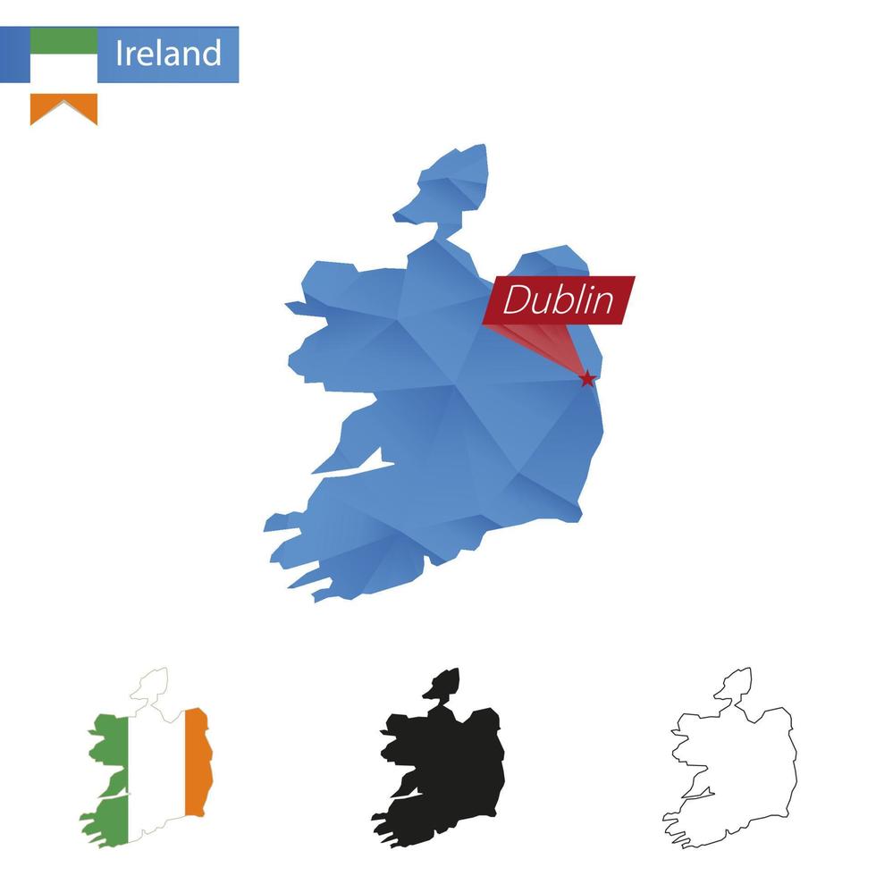 Ierland blauw laag poly kaart met hoofdstad dublin. vector