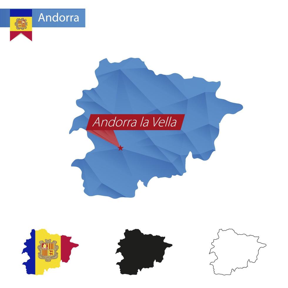 Andorra blauw laag poly kaart met hoofdstad Andorra la vella. vector