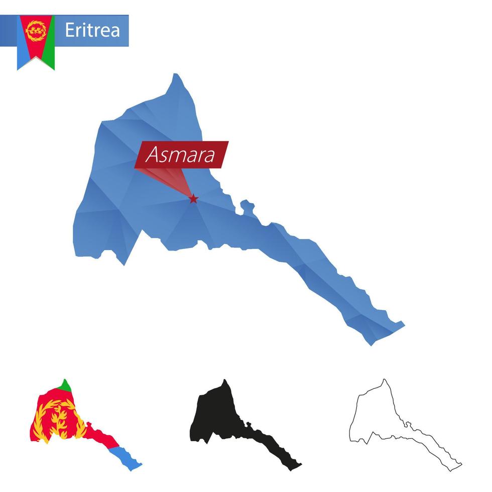 eritrea blauw laag poly kaart met hoofdstad asmara. vector