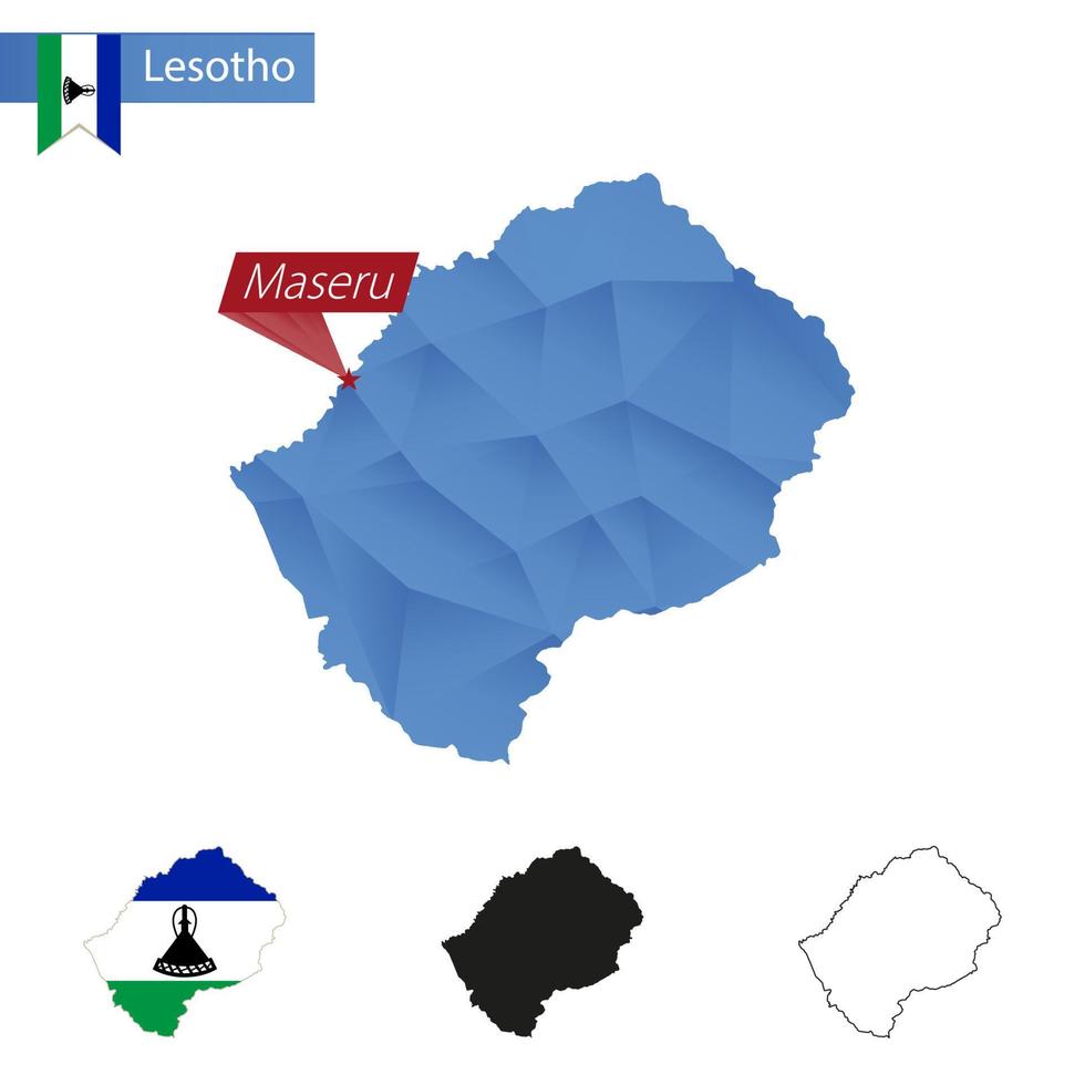 Lesotho blauw laag poly kaart met hoofdstad maseru. vector