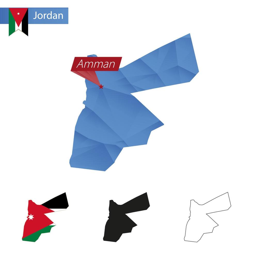 Jordanië blauw laag poly kaart met hoofdstad Amman. vector