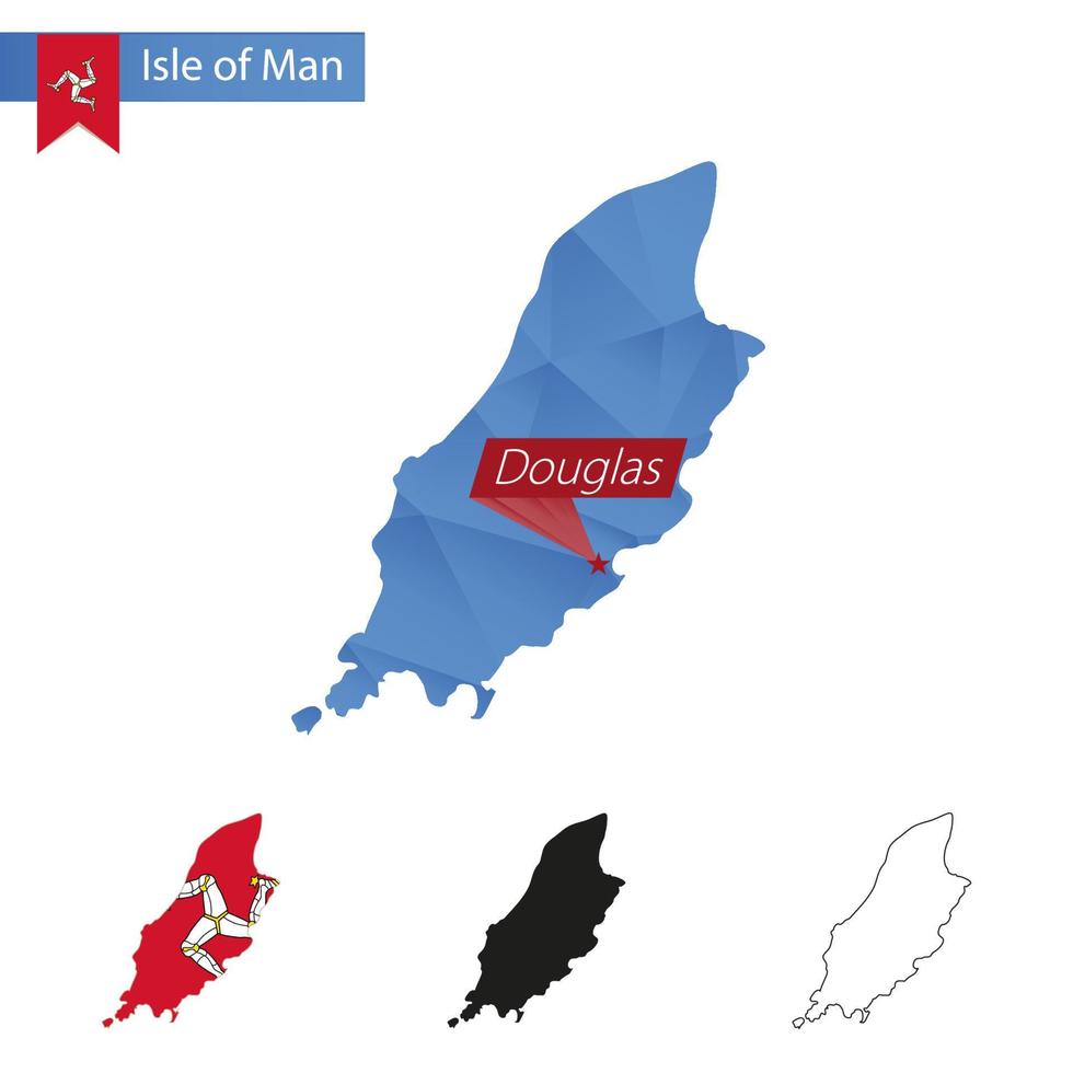 eiland van Mens blauw laag poly kaart met hoofdstad douglas. vector