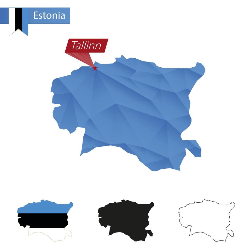 Estland blauw laag poly kaart met hoofdstad Tallinn. vector