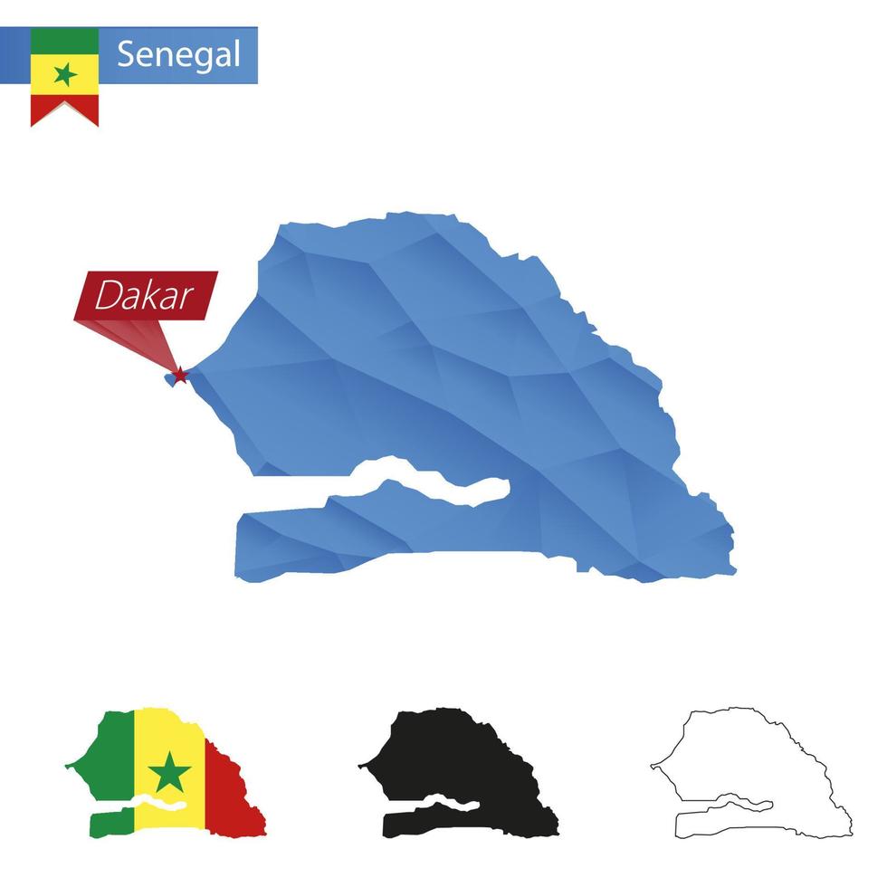 Senegal blauw laag poly kaart met hoofdstad dakar. vector