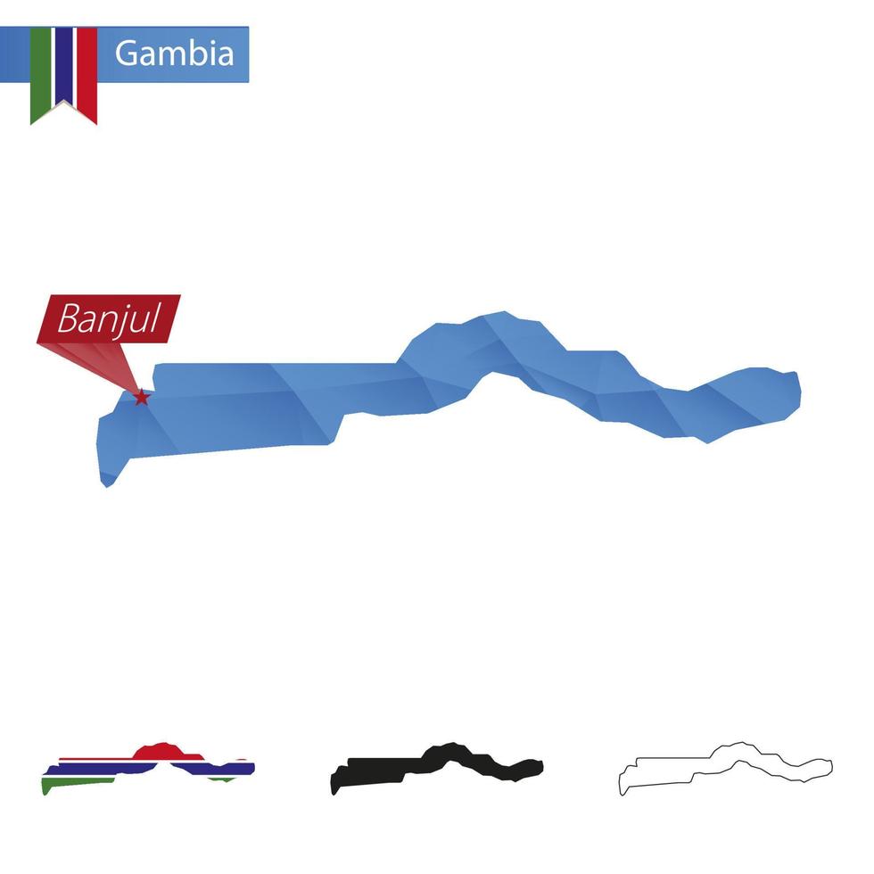 Gambia blauw laag poly kaart met hoofdstad banjul. vector