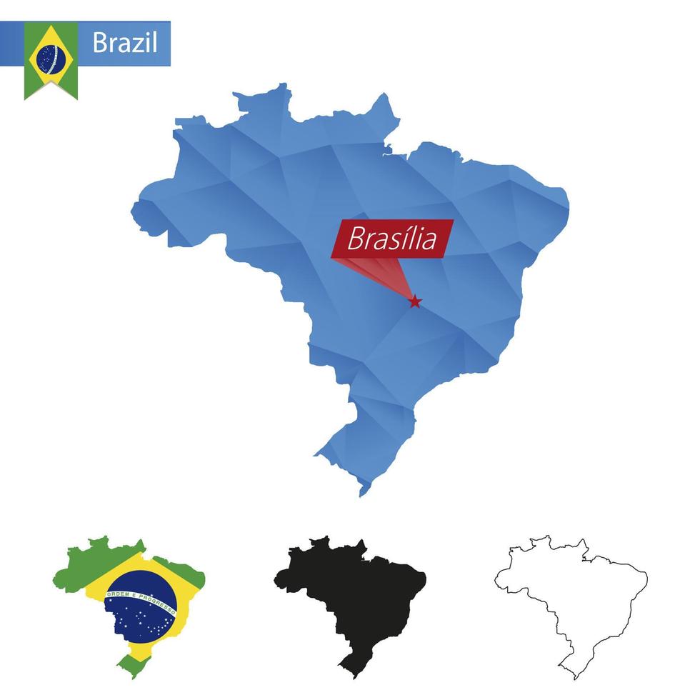 Brazilië blauw laag poly kaart met hoofdstad Brazilië. vector