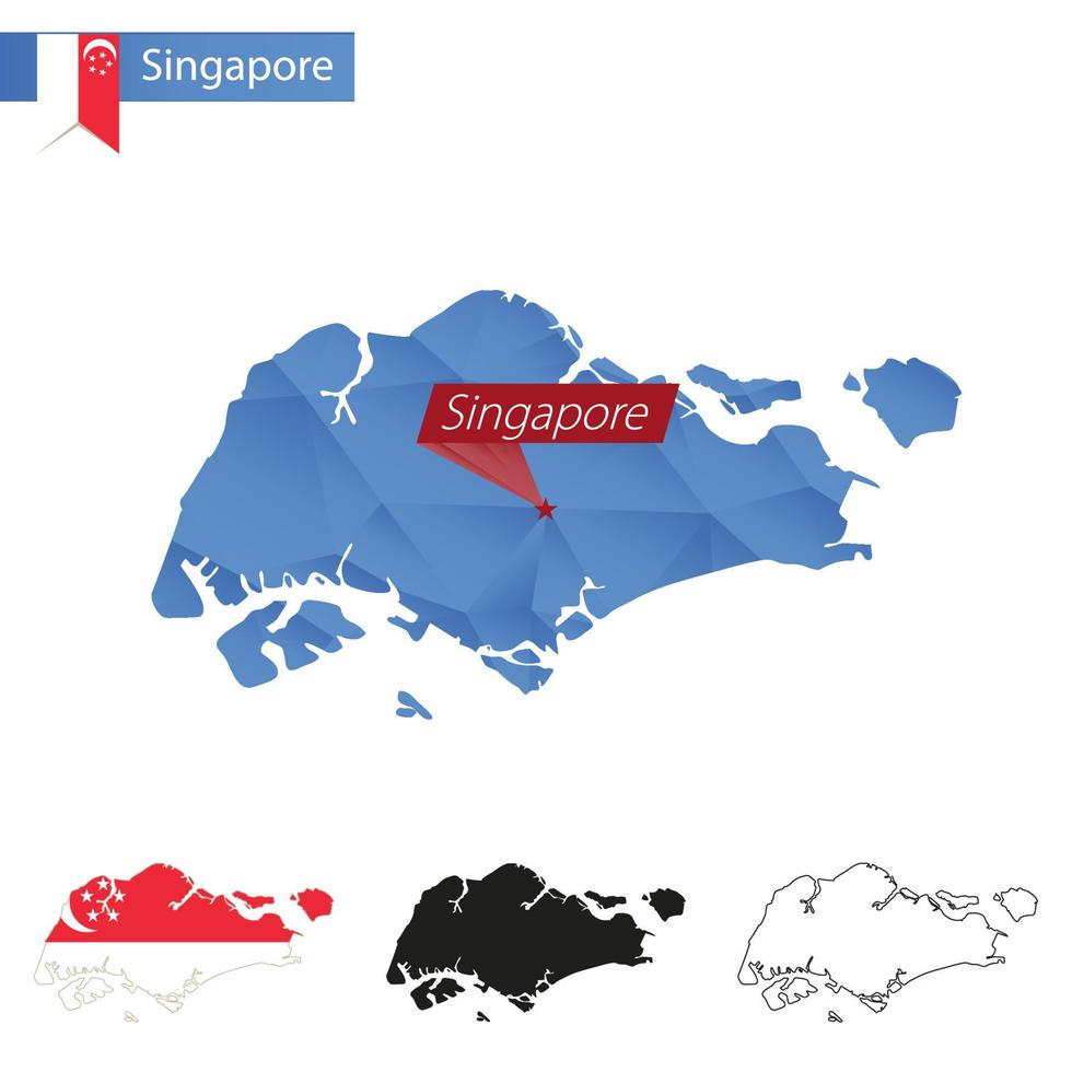 Singapore blauw laag poly kaart met hoofdstad. vector