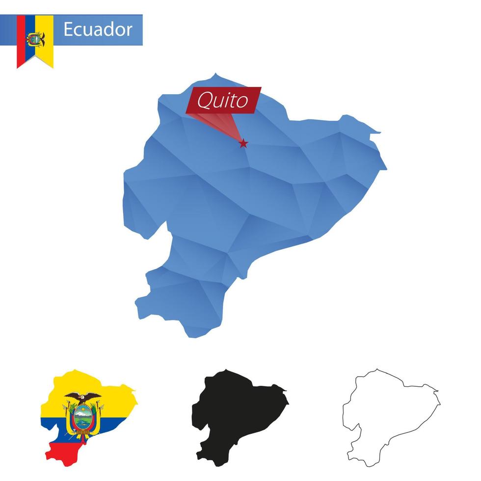 Ecuador blauw laag poly kaart met hoofdstad vrij. vector