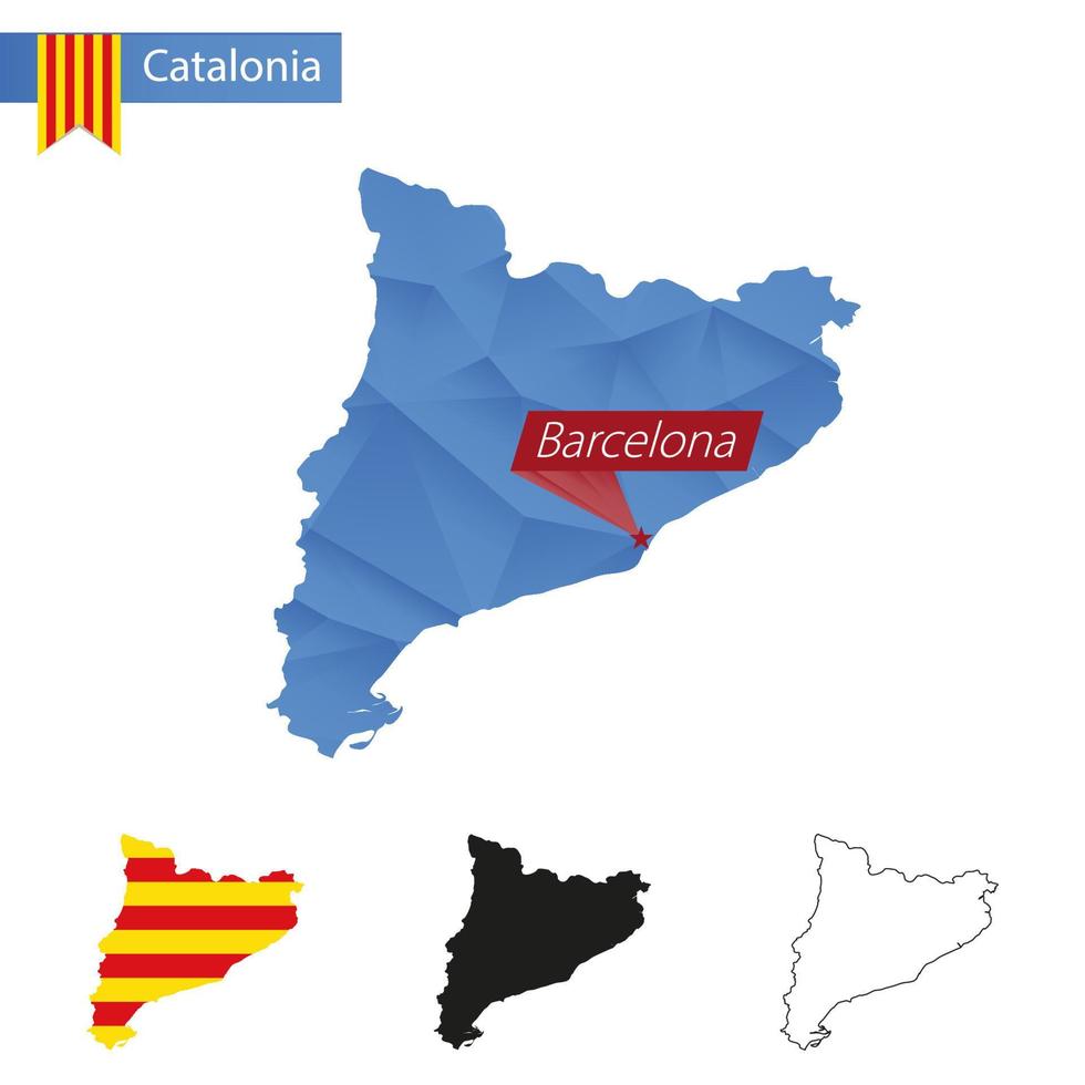 Catalonië blauw laag poly kaart met hoofdstad Barcelona. vector
