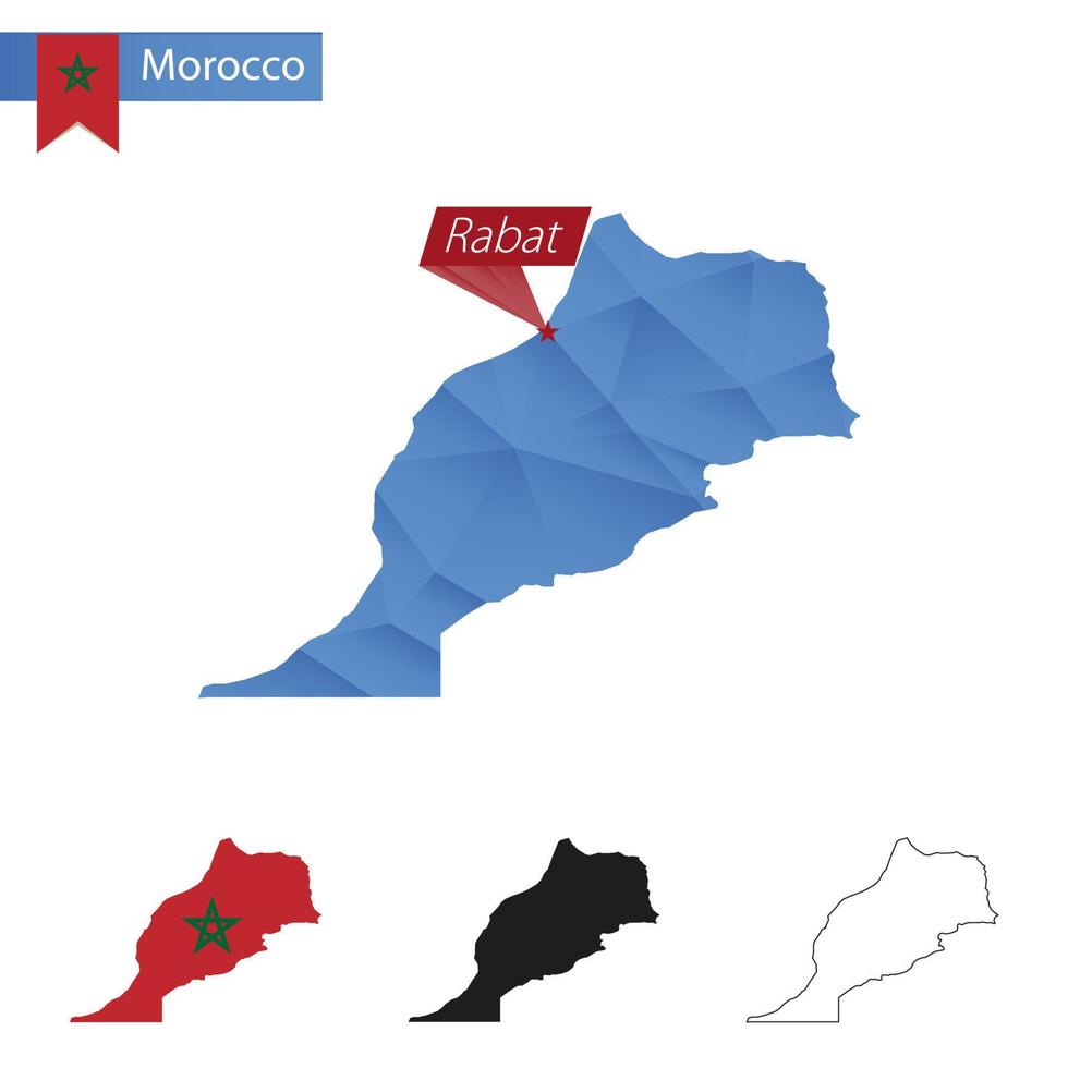 Marokko blauw laag poly kaart met hoofdstad rabat. vector