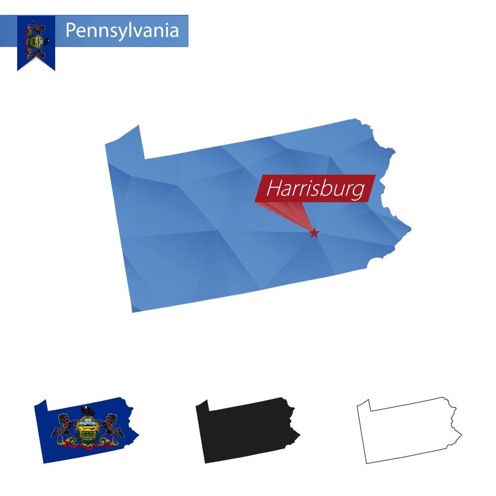 staat van Pennsylvania blauw laag poly kaart met hoofdstad harrissburg. vector