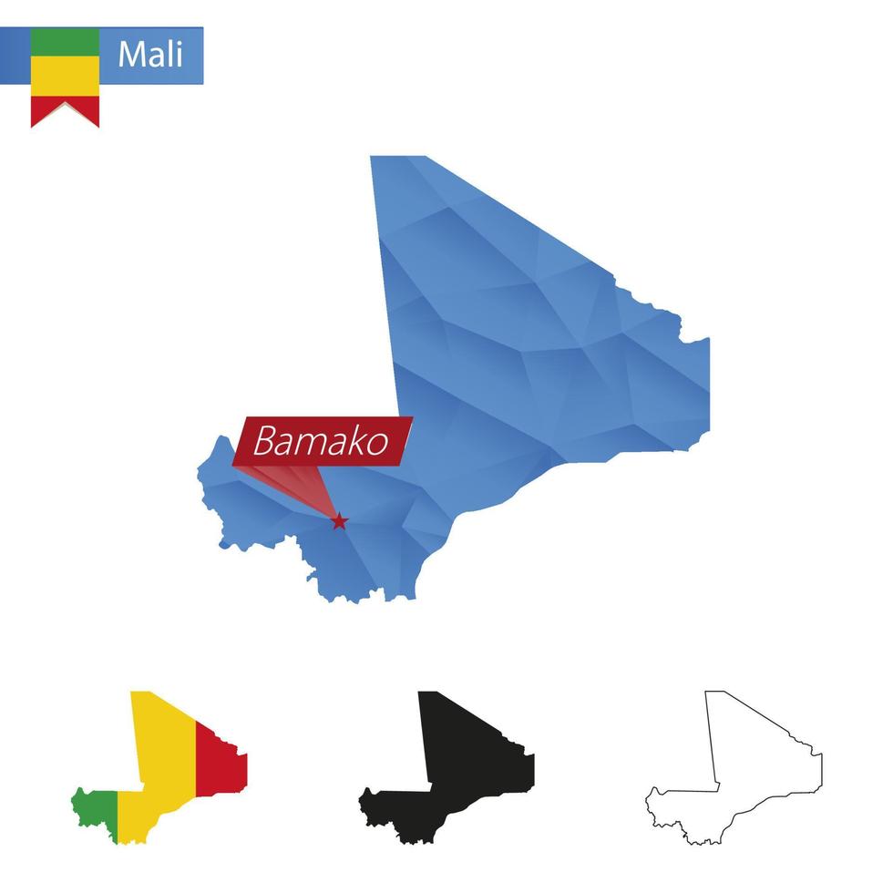 Mali blauw laag poly kaart met hoofdstad bamako. vector
