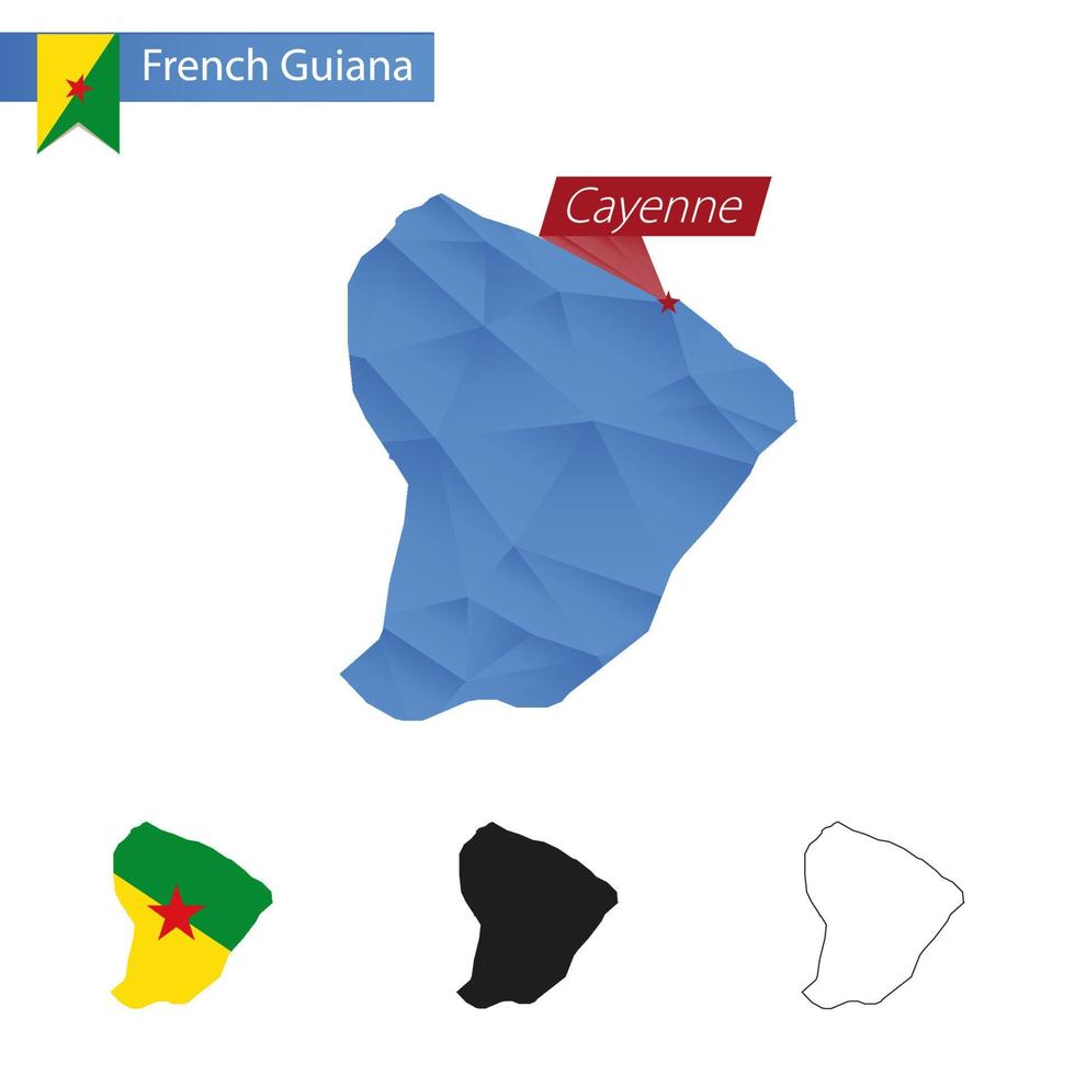Frans Guyana blauw laag poly kaart met hoofdstad cayenne. vector