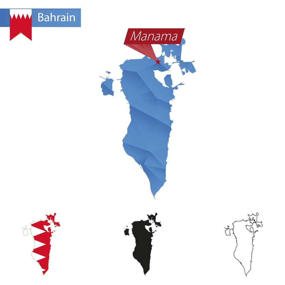 Bahrein blauw laag poly kaart met hoofdstad manamah. vector