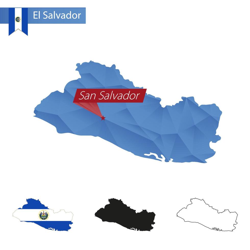 el Salvador blauw laag poly kaart met hoofdstad san redder. vector