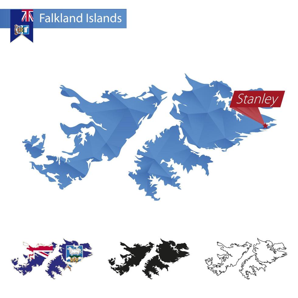 Falkland eilanden blauw laag poly kaart met hoofdstad stanley. vector