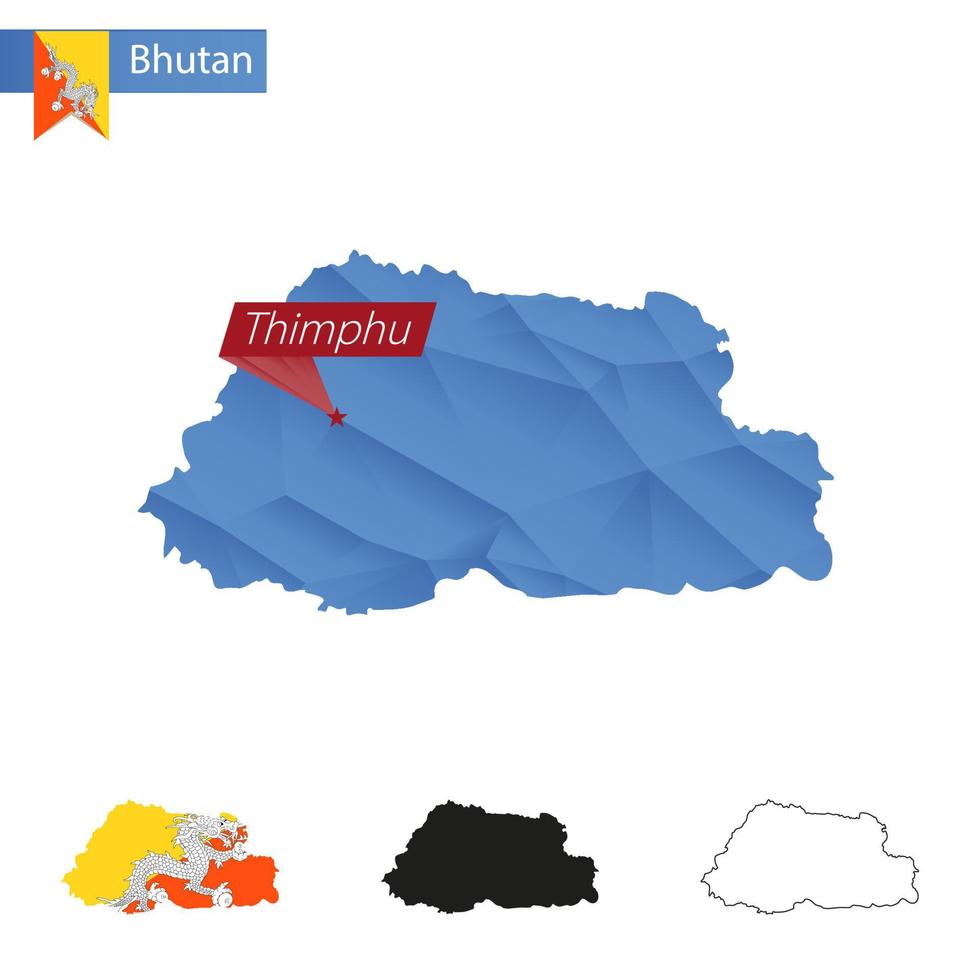 Bhutan blauw laag poly kaart met hoofdstad thimphu. vector