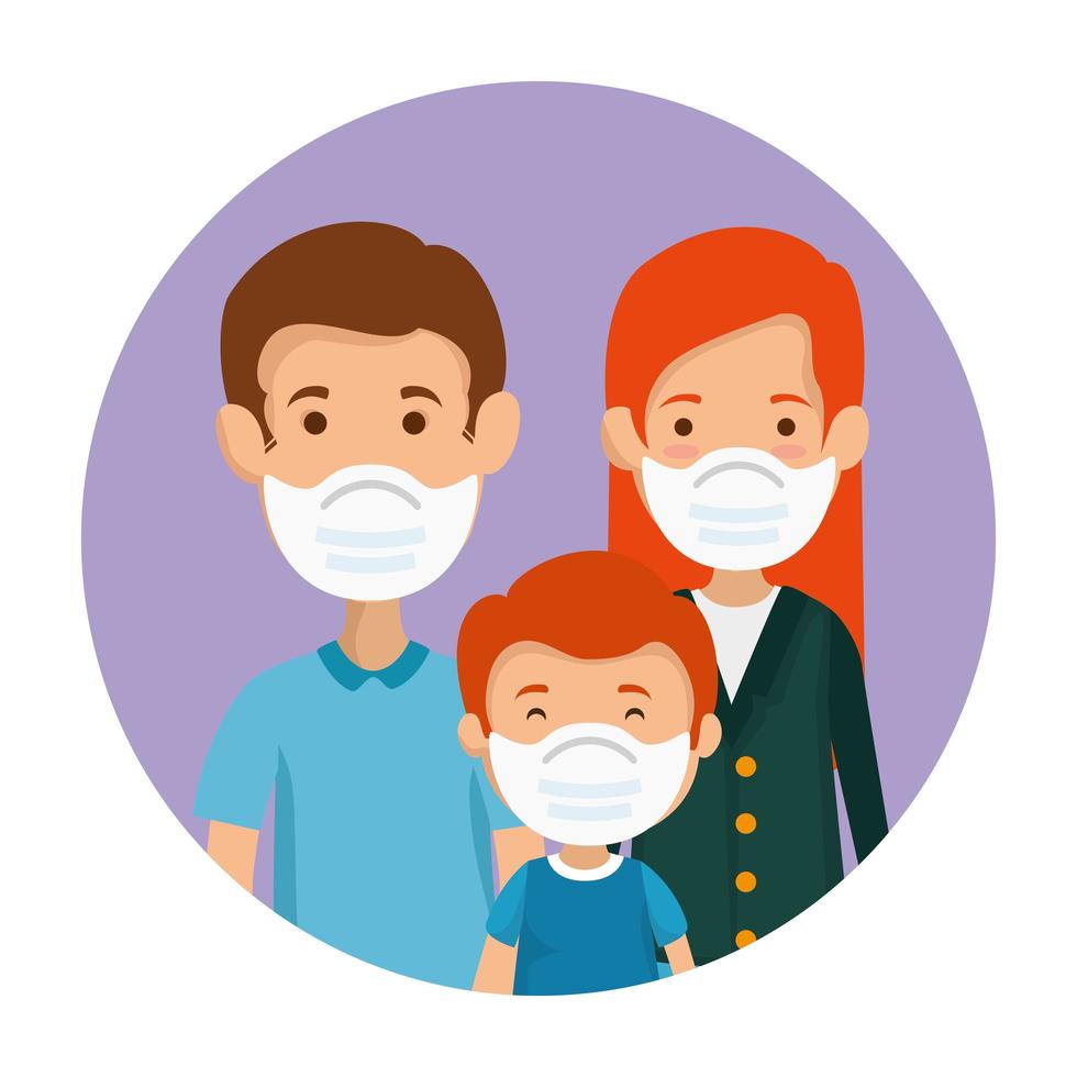 ouders met zoon met gezichtsmasker in circulaire frame vector