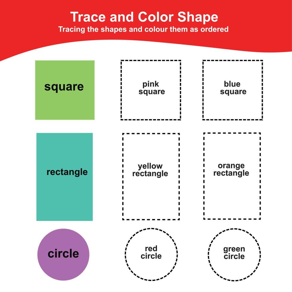 traceren en kleur de vormen werkblad. leerzaam afdrukbare wiskunde werkblad. extra kleur bladzijde voor kinderen. vector illustratie in tekenfilm stijl.