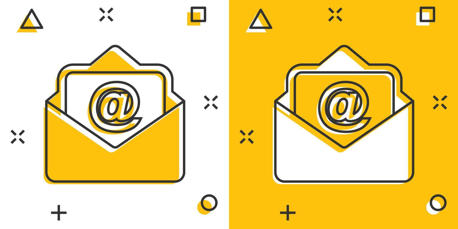 mail envelop icoon in grappig stijl. e-mail bericht vector tekenfilm illustratie pictogram. postbus e-mail bedrijf concept plons effect.