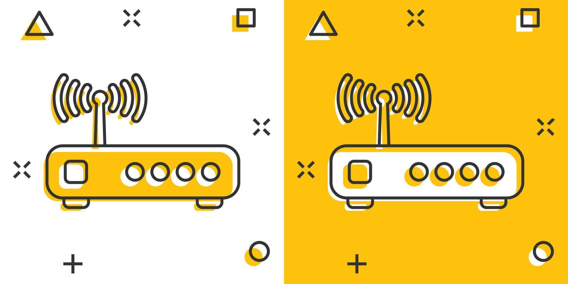 Wifi router icoon in grappig stijl. breedband tekenfilm vector illustratie Aan wit geïsoleerd achtergrond. internet verbinding plons effect bedrijf concept.