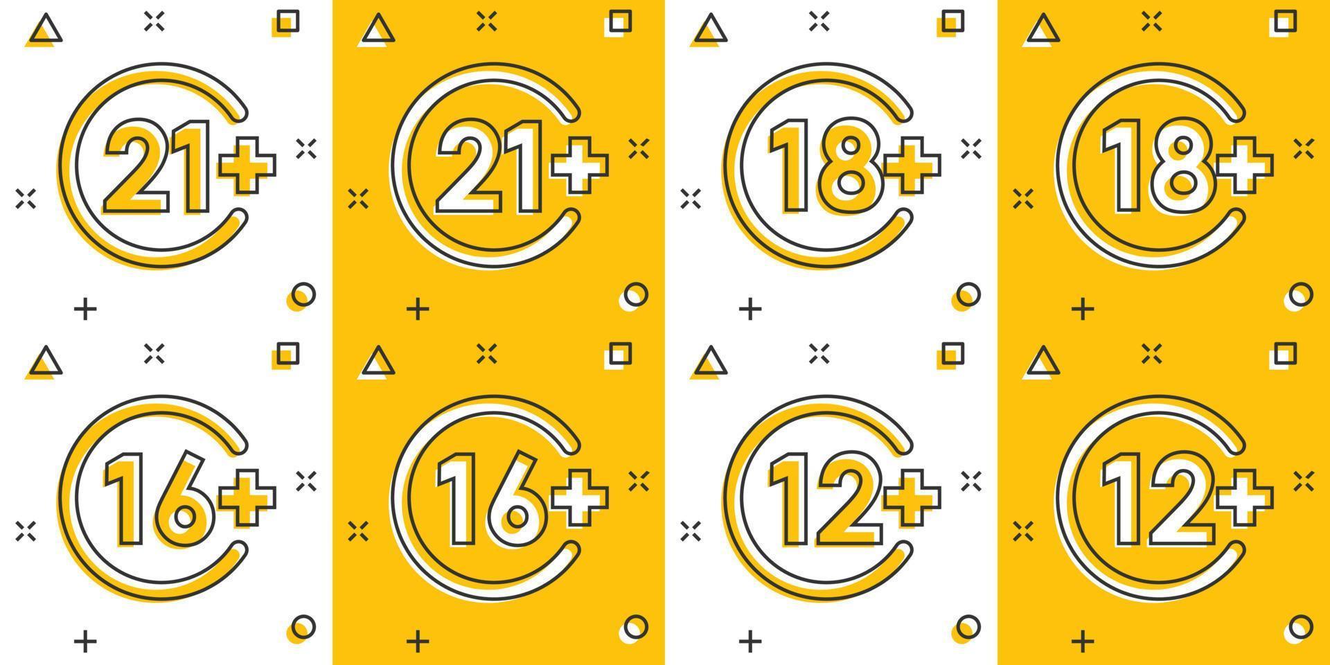 12, 16, 18, 21 plus icoon in grappig stijl. censuur tekenfilm vector illustratie Aan wit geïsoleerd achtergrond. gecensureerd plons effect bedrijf concept.