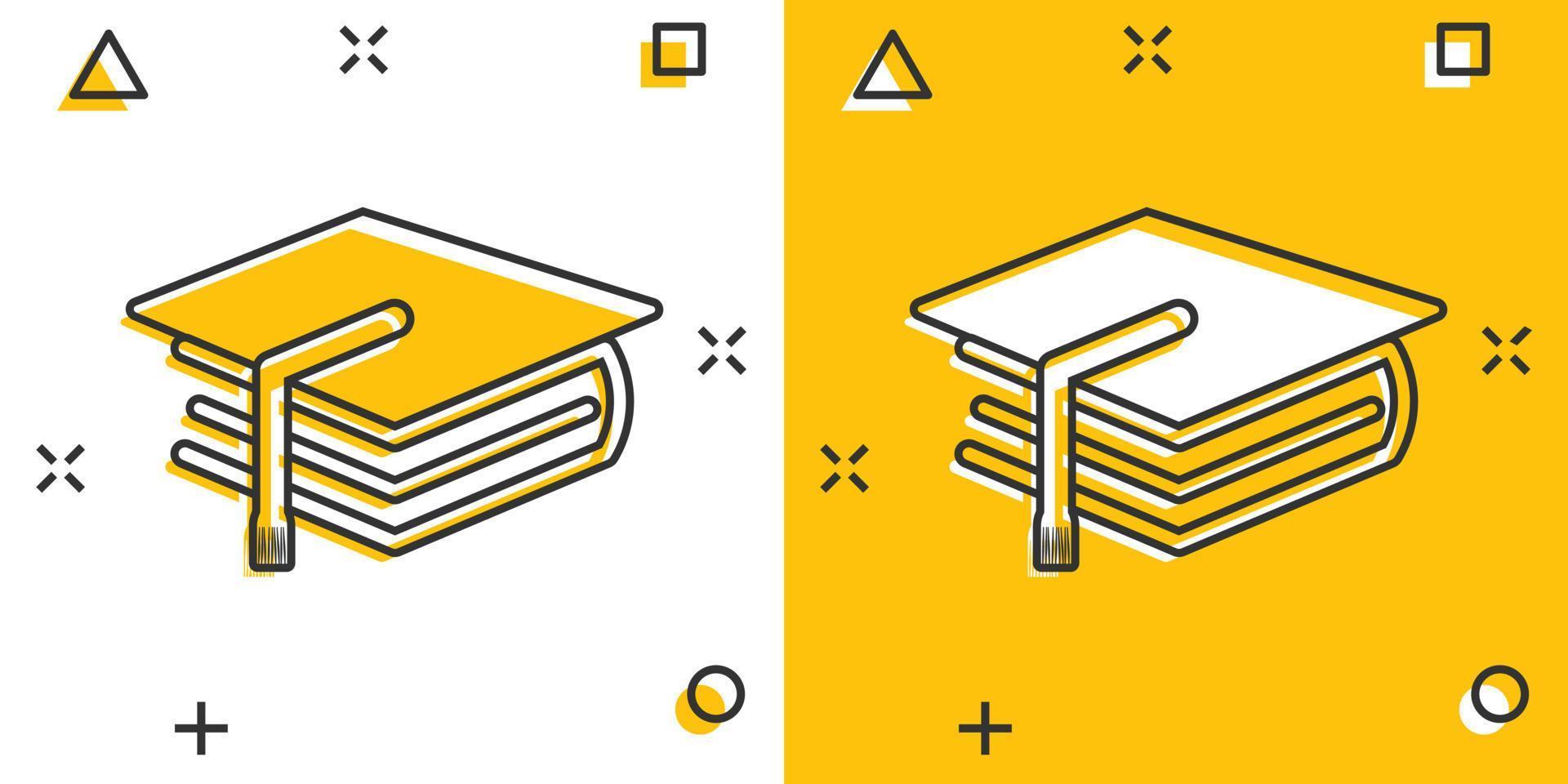 tekenfilm onderwijs en boek icoon in grappig stijl. bachelor opleiding pet illustratie pictogram. onderwijs teken plons bedrijf concept. vector