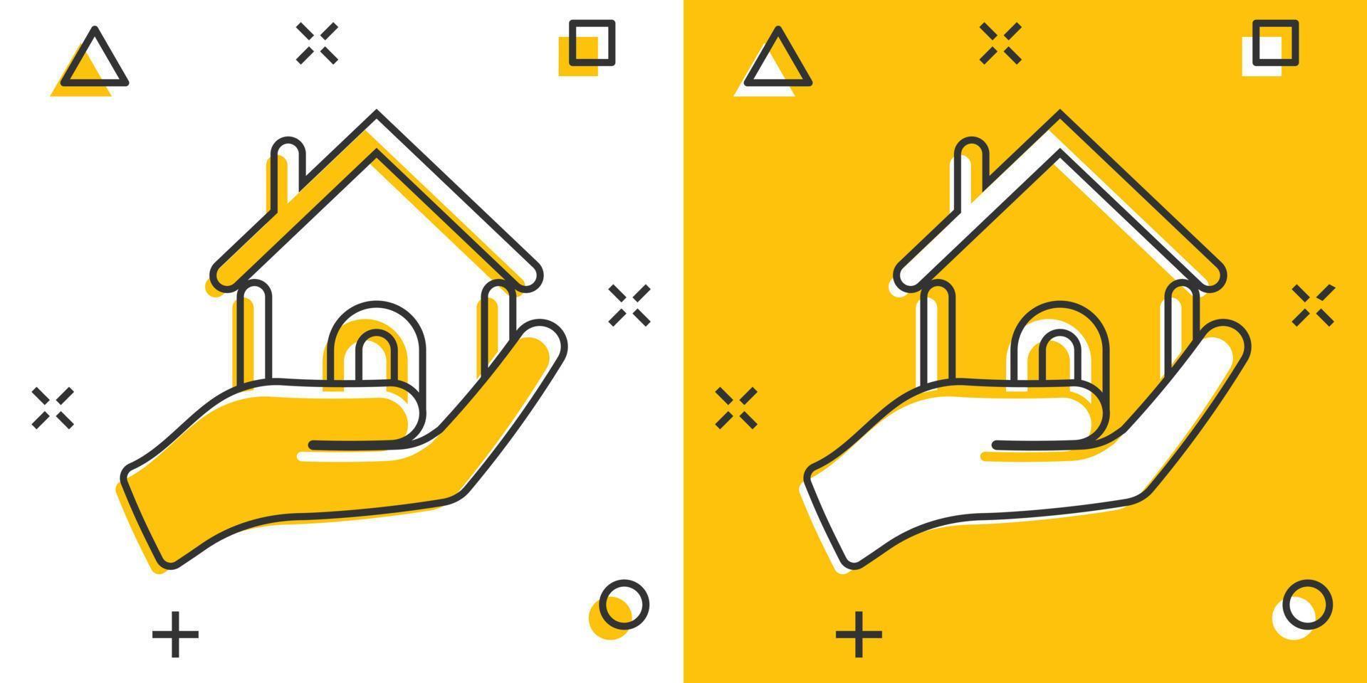 huis zorg icoon in grappig stijl. hand- houden huis vector tekenfilm illustratie Aan wit geïsoleerd achtergrond. gebouw kwaliteit bedrijf concept plons effect.