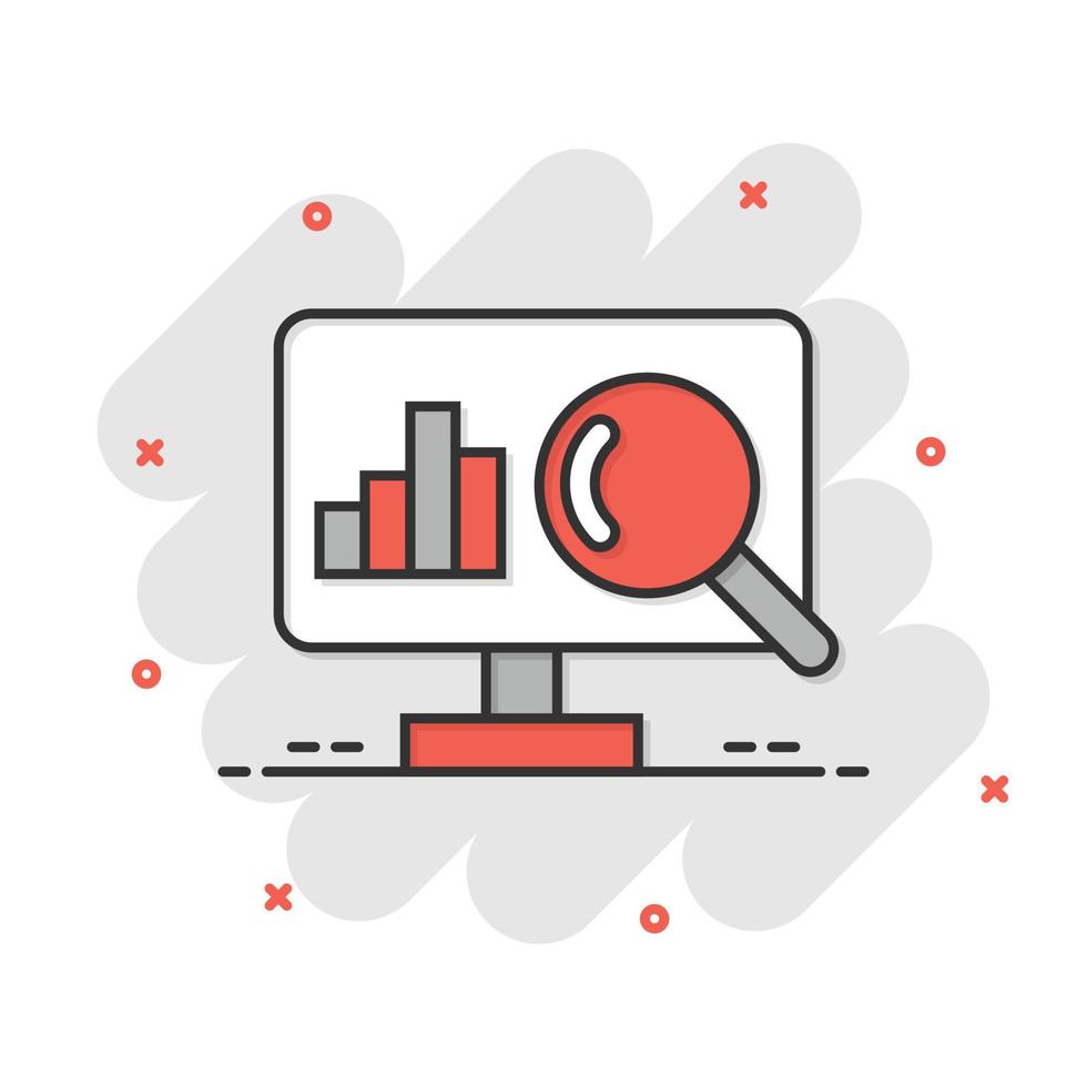 website analytics icoon in grappig stijl. seo gegevens tekenfilm vector illustratie Aan wit geïsoleerd achtergrond. computer diagram plons effect bedrijf concept.