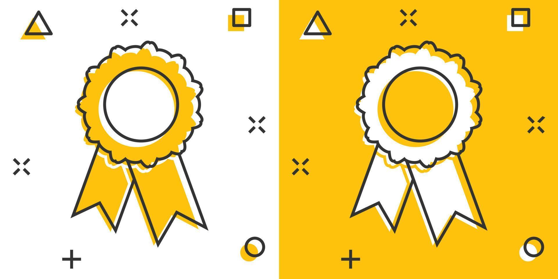 vector tekenfilm insigne met lint icoon in grappig stijl. prijs medaille teken illustratie pictogram. kampioen bedrijf plons effect concept.