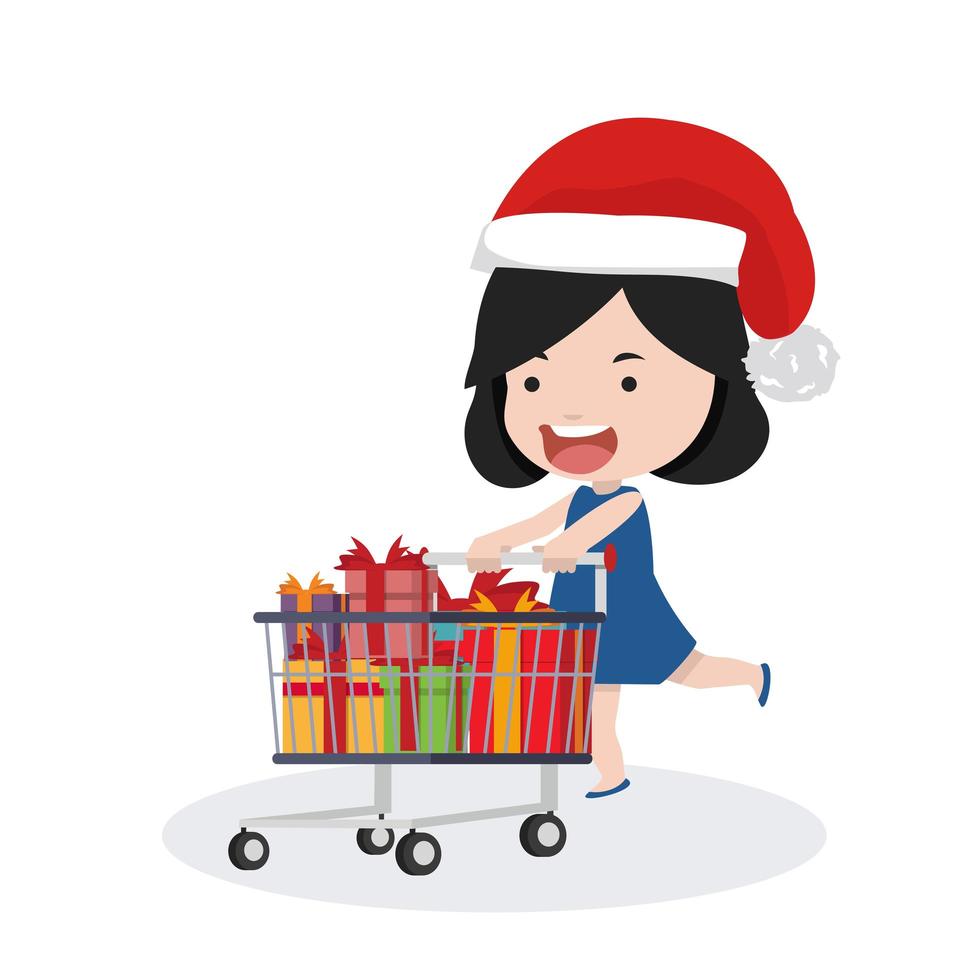meisje met een winkelwagentje en kerstmuts vector