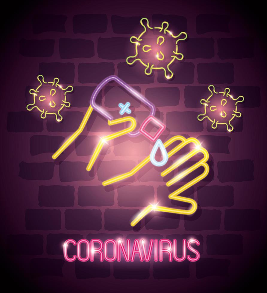 neonlichtsymbool covid 19 coronavirus, hand met ontsmettingsmiddel, gevaarlijke pandemie coronavirus-uitbraak neonlicht gloeiend vector