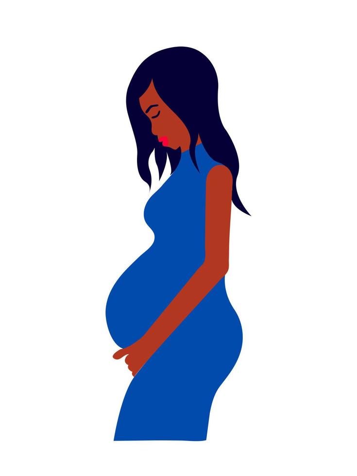 zwanger zwart vrouw vlak illustratie. zwangerschap illustratie. zwanger vrouw houdt haar buik. vector