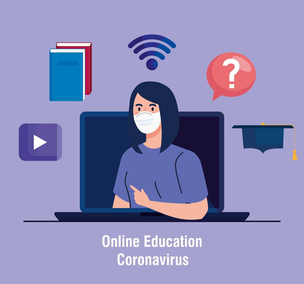 online onderwijsadvies om verspreiding van coronavirus covid-19 te stoppen, online leren, studente met laptop vector