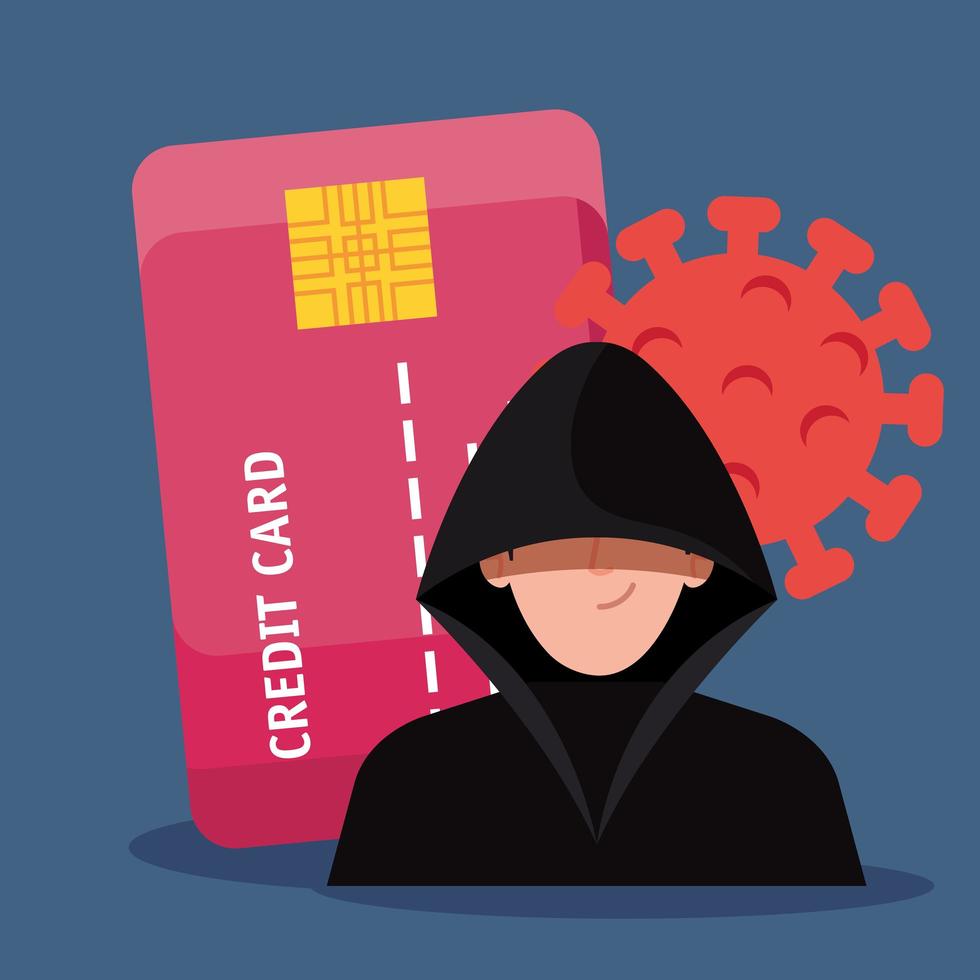 hacker met creditcard tijdens covid 19 pandemie vector