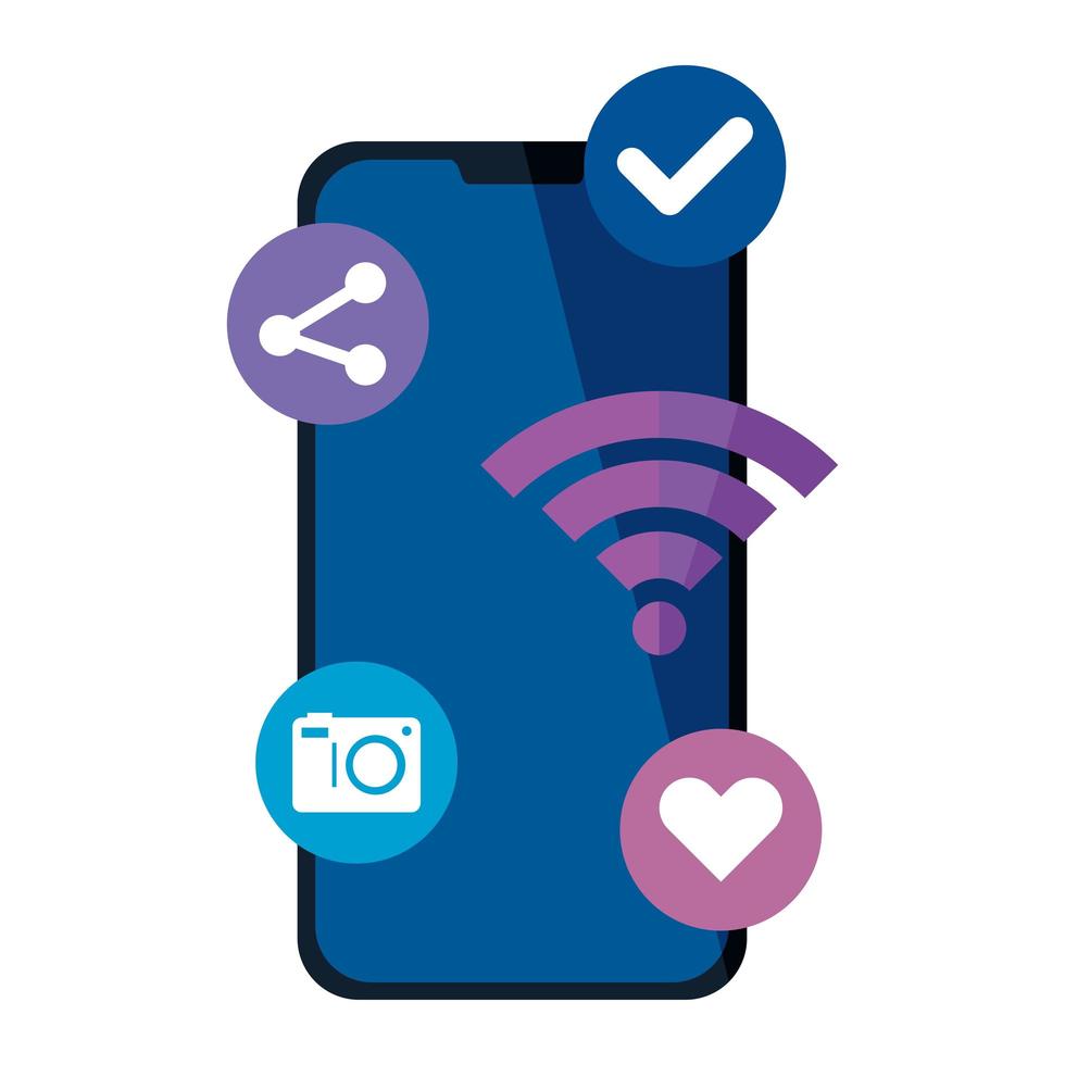 smartphone met social media iconen, concept van online communicatie op witte achtergrond vector