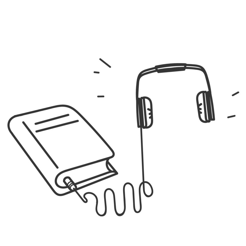 hand- getrokken tekening boek en koptelefoon symbool voor audio boek luisteren illustratie vector