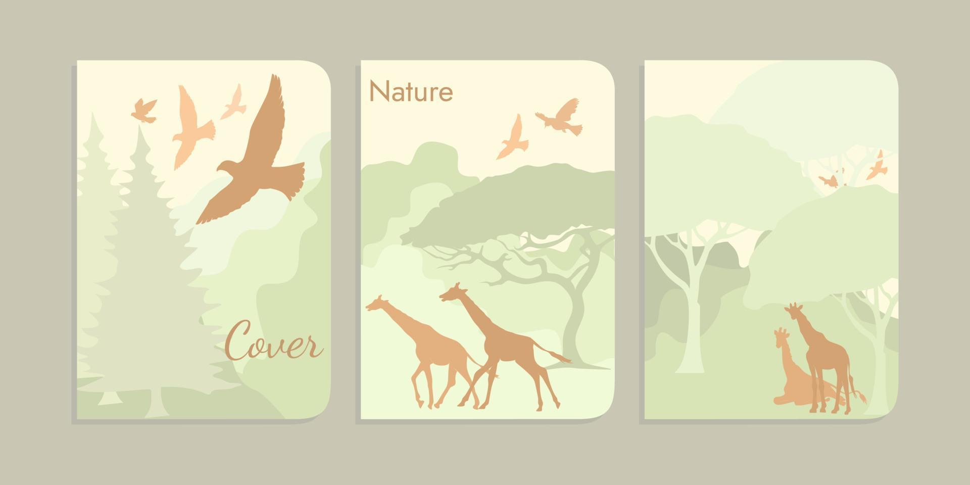 oerwoud illustratie omslag. boom achtergrond, giraffe, vogel. a4 grootte kinderen boek omslag. Woud landschap illustratie vector