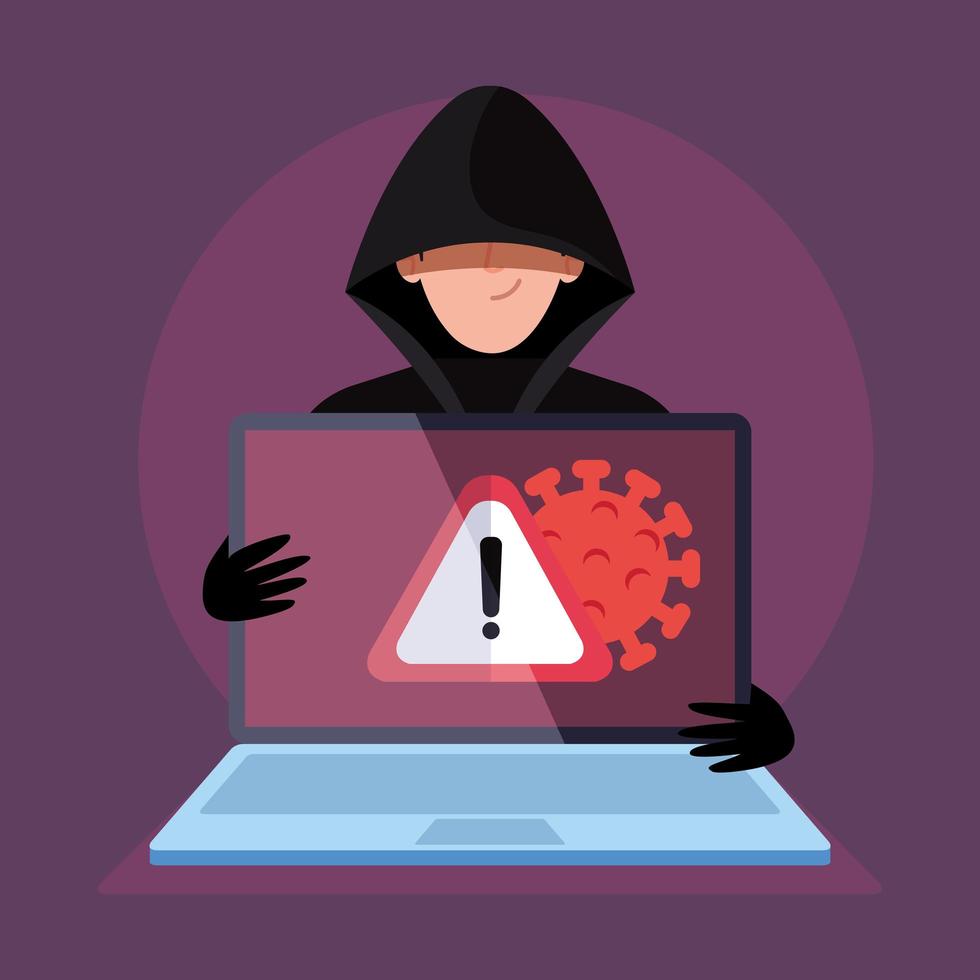 hacker en laptop met gevaarwaarschuwingsbord tijdens covid 19 pandemie vector