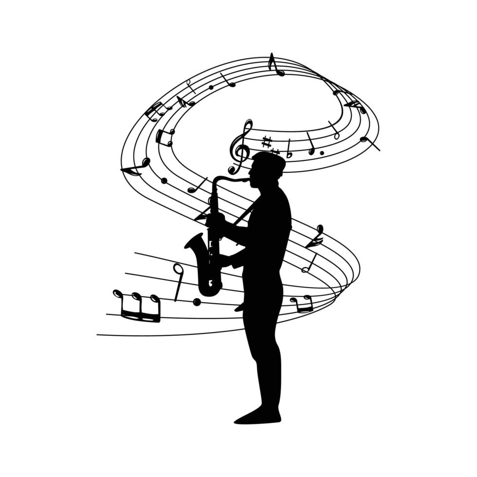 saxofoon speler silhouet. saxofonist icoon, teken en symbool. musical achtergrond. vector