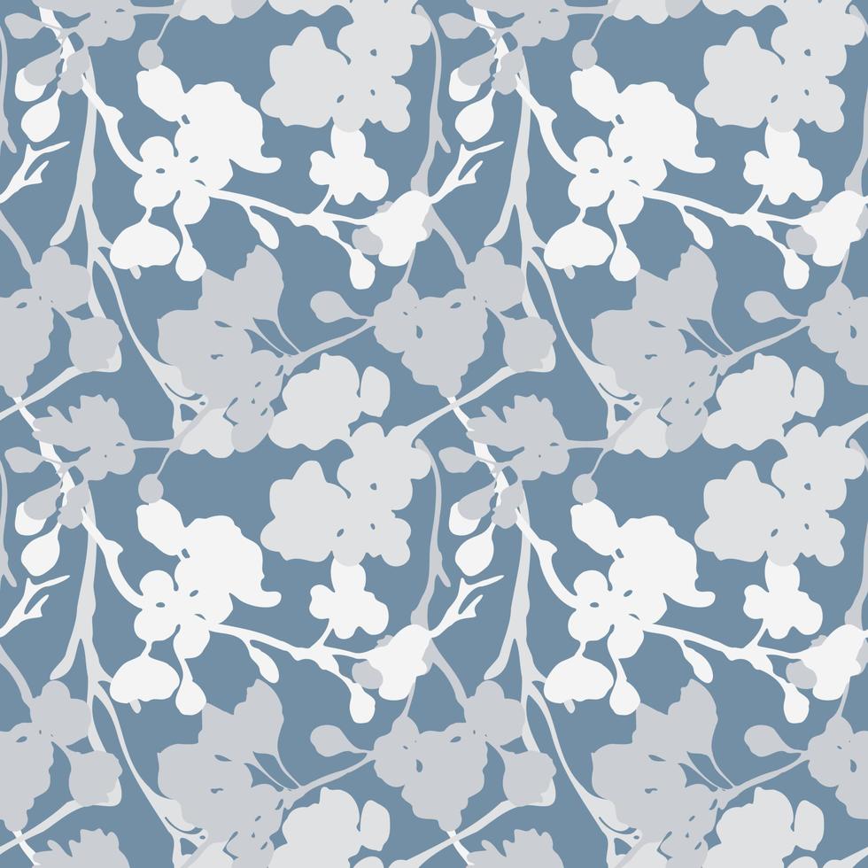 voorjaar bloeiend takken naadloos patroon kers bloemen bloemknoppen licht silhouet Aan blauw achtergrond botanisch mode textiel of achtergronden afdrukken ontwerp. vector