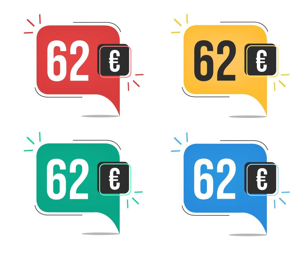 62 euro prijs. geel, rood, blauw en groen valuta tags met toespraak ballon concept. vector